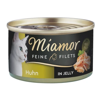 Feine Filets in Jelly Huhn 24x100 g Eine Katzenfutterdose mit einer weißen Katze auf dem Etikett, beschriftet mit "Miamor Feine Filets Huhn in Jelly," was auf Hühnergeschmack hinweist.