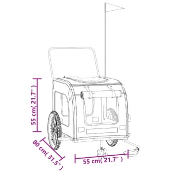 Illustration eines Haustieranhängers mit Abmessungen: 55 cm (21,7") Höhe, 80 cm (31,5") Länge und 55 cm (21,7") Breite, mit einer Flagge.