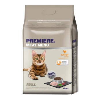Katzenfutterbeutel mit der Aufschrift "Premiere Meat Menu", der eine getigerte Katze zeigt, mit 50% Geflügelanteil, 4 kg Größe und der Bezeichnung "Erwachsene".