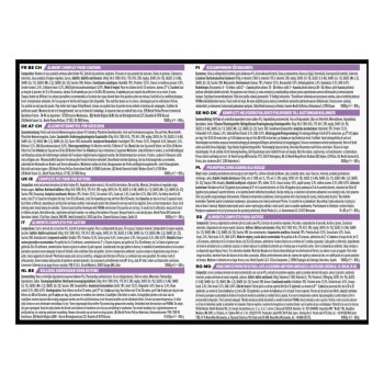 Image of a pet food label featuring multiple languages, detailing ingredients and nutritional information for complete cat food.