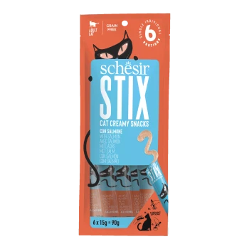 Schesir Stix cat creamy snacks with salmon, grain free, 6 single individual portions, for adult cats.