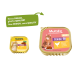 Zwei MultiFit Senior Katzenfutter-Schalen (alt und neu) mit einer Katze; Text „New DESIGN, same QUALITY“ und „JELLY SENIOR 7+ w/ chicken“