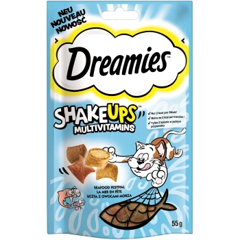 Emballage de friandises pour chats Dreamies ShakeUps Multivitamines (55g) avec des graphiques de chats joueurs et de fruits de mer, étiqueté "Festival de fruits de mer" et "2 kcal."
