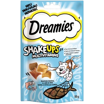 Dreamies ShakeUps Multivitamin-Katzenleckerlis Verpackung (55g) mit verspielter Katze und Meeresfrüchte-Grafiken, beschriftet mit "Meeresfrüchte-Festival" und "2 kcal."