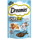 Emballage de friandises pour chats Dreamies ShakeUps Multivitamines (55g) avec des graphiques de chats joueurs et de fruits de mer, étiqueté "Festival de fruits de mer" et "2 kcal."