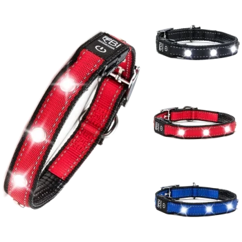 Drei LED-Haustierhalsbänder in Rot, Schwarz und Blau, mit hellen Lichtern für Sichtbarkeit, mit einem Logo und einem Detail des Netzschalters.