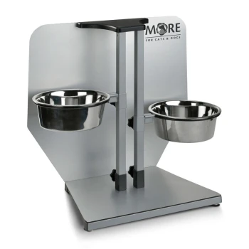 Stojak na podwójną miskę na karmę i wodę ze stali nierdzewnej dla kotów i psów, z regulowaną wysokością i eleganckim srebrnym wzorem.