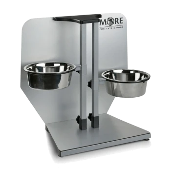 Support en acier inoxydable pour double bol de nourriture et d'eau pour chats et chiens, avec hauteur réglable et un design argenté élégant.