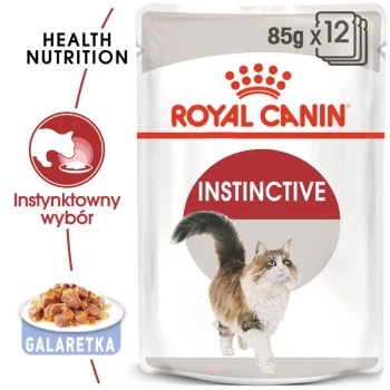 Torebka karmy dla kotów Royal Canin Instinctive, 85g x 12, z ilustracją biegającego kota i tekstem o zdrowym odżywianiu.