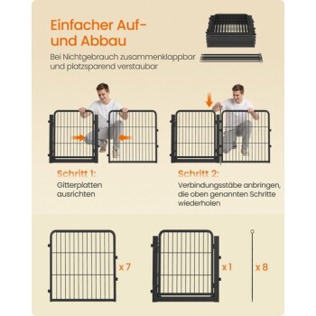 Grafik zeigt Montage eines schwarzen Metall-Auslaufgitters für Haustiere mit der deutschen Überschrift ‚Einfacher Auf- und Abbau‘ und Schritt-Illustrationen