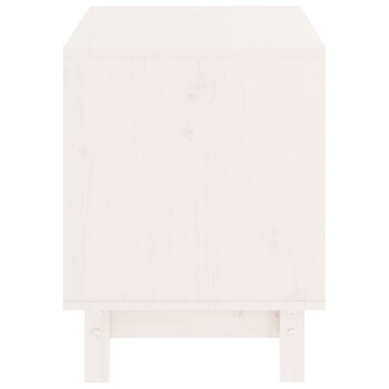 Weißer Holzbehälter zur Aufbewahrung von Haustierfutter mit flachem Deckel und stabilen Beinen, entworfen zur Organisation von Haustierbedarf.