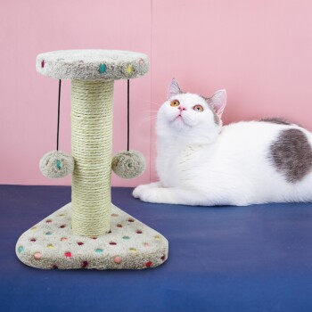 Eine verspielte weiße Katze mit grauen Flecken sitzt neben einem bunten Kratzbaum für Katzen mit zwei hängenden Pompons.