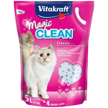 Magic Clean Katzenstreu 5 l Vitakraft Magic Clean Classic Katzenstreu Verpackung mit einer flauschigen weißen Katze, rosa Hintergrund und Details zu superabsorbierend und staubarm.