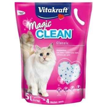 Vitakraft Magic Clean Classic Katzenstreu Verpackung mit einer flauschigen weißen Katze, rosa Hintergrund und Details zu superabsorbierend und staubarm.