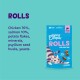 Blue ROLLS cat treat pouch with cat graphic; text: Chicken 76%, salmon 10%, potato flakes, minerals, psyllium husks, yeasts