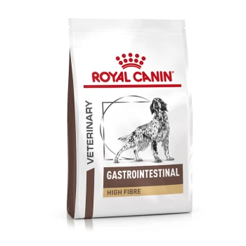 Royal Canin Veterinary Gastrointestinal High Fibre Hundefutterbeutel mit einer schwarz-weißen Hundillustration und einem roten Kronenlogo.
