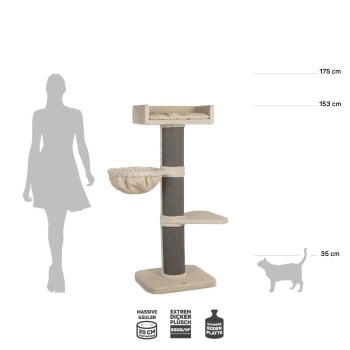 Katzenbaum mit mehreren Ebenen, einschließlich einer plüschigen oberen Plattform, einer hängenden Hängematte und Kratzpfosten; Abmessungen: 175 cm Höhe, 35 cm Breite.