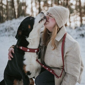 Eine Frau in einem beigen Mantel und gestrickter Mütze interagiert mit einem großen schwarz-braunen Hund, der ein rotes Geschirr mit weißen Kreuzen trägt.