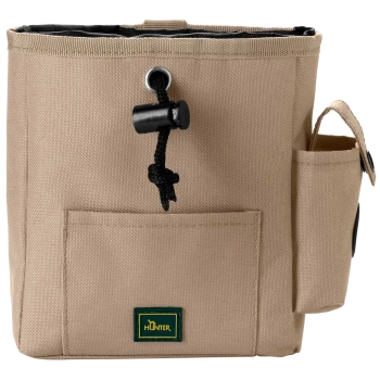 Beige Leckerli-Tasche für Haustiere mit Kordelzugverschluss, Fronttasche und Seitentasche, mit grünem "HUNTER"-Logo.