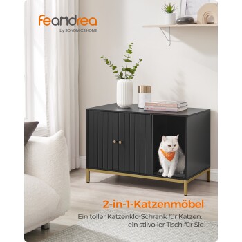 Ein schwarzes 2-in-1 Katzenmöbel mit einer weißen Katze in einem orangefarbenen Bandana. Text: "2-in-1-Katzenmöbel" und "Stylischer Katzenstreu-Schrank."