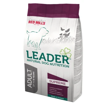 Bag of Leader Natural Dog Nutrition, labeled "Supreme," for adult dogs up to 8 years, featuring chicken as the main ingredient.