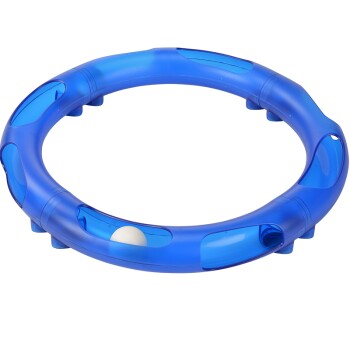 Blaues, rundes Katzenspielzeug mit einem weißen Ball darin, mit transparenten Abschnitten für Sichtbarkeit.