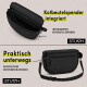 Schwarze STUCH-Gürteltasche mit integriertem Kotbeutelspender und hinterer Reißverschlusstasche; deutscher Text 'Kotbeutelspender integriert.'