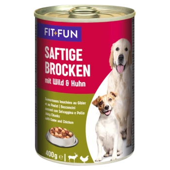 Dosen-Hundefutter, gekennzeichnet mit "FIT+FUN Saftige Brocken mit Wild & Huhn," mit einem Hund und einem lächelnden Terrier. 400g.