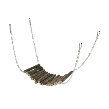 Holzhängematte für kleine Haustiere, aus natürlichen Ästen gefertigt, aufgehängt mit Metallketten und Haken. Ideal zum Klettern und Ausruhen.