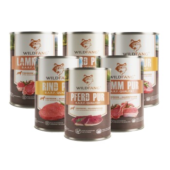Sechs WILDFANG-Konservendosen mit Logo und Sorten PFERD PUR, RIND PUR, LAMM PUR (B.A.R.F.-Qualität)