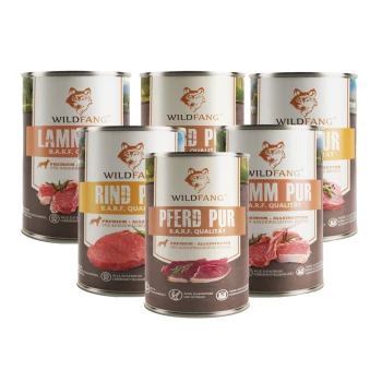 Nassfutter Mix 6 x 400g - BARF Qualität Sechs WILDFANG-Konservendosen mit Logo und Sorten PFERD PUR, RIND PUR, LAMM PUR (B.A.R.F.-Qualität)