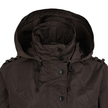 Braune Haustierjacke mit Kapuze, mit Knopfverschlüssen und Kordelzügen, entworfen für Wärme und Komfort.