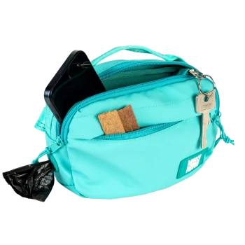 Türkisfarbene Leckerli-Tasche mit Hundekeksen, Smartphone, Schlüssel und befestigtem schwarzem Kotbeutelspender.