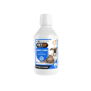 White bottle of VETIQ Healthy+ Denti-Care Solution for cats and dogs, freshens breath, just add to water, 250ml.