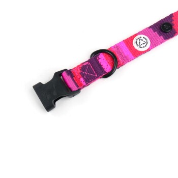 Buntes pinkes und lila Haustierhalsband mit einer schwarzen Schnalle und einem Metallring, mit einem kleinen Logosticker.