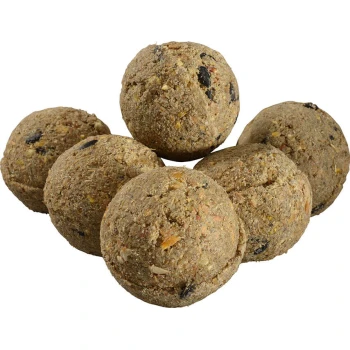 Eine Gruppe von sechs runden, strukturierten Tierfutterbällen aus natürlichen Zutaten, mit sichtbaren Stückchen von Samen und Getreide.