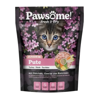Pawsome! Frische & Trockene Haustierfuttertüte mit Truthahn, Gemüse und Kräutern, mit floralem Design und Nährwertangaben auf Deutsch.