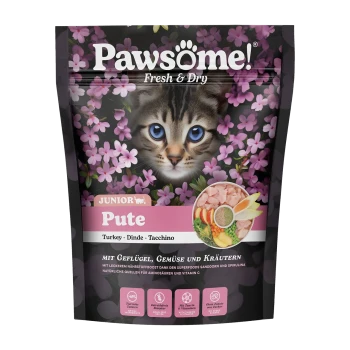 Pawsome! Frische & Trockene Haustierfuttertüte mit Truthahn, Gemüse und Kräutern, mit floralem Design und Nährwertangaben auf Deutsch.