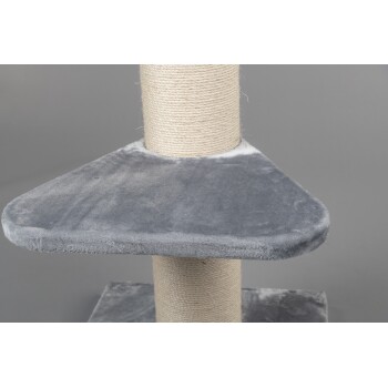 Grau Katzenbaum mit einer plüschigen Plattform und einem mit Sisal umwickelten Kratzbaum, vor einem grauen Hintergrund.