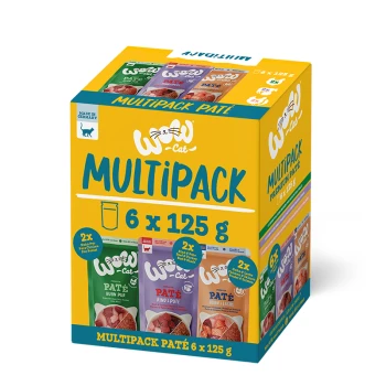 Multipack von WoW Cat Premium-Pâté, bestehend aus 6 x 125 g Beuteln in verschiedenen Geschmacksrichtungen, mit buntem Verpackungsdesign und dem Etikett "Hergestellt in Deutschland."