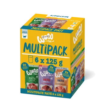 Multipack von WoW Cat Premium-Pâté, bestehend aus 6 x 125 g Beuteln in verschiedenen Geschmacksrichtungen, mit buntem Verpackungsdesign und dem Etikett "Hergestellt in Deutschland."