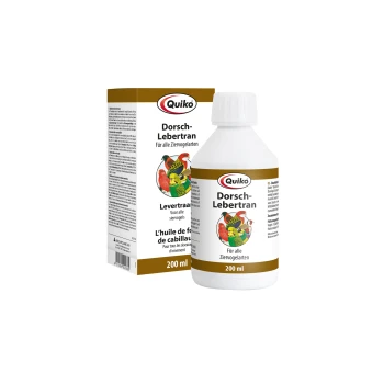 Flasche Quiko Dorsch-Lebertran (Dorschleberöl) für alle Haustiervögel, 200 ml, mit einem bunten Etikett, das Vögel und mehrsprachigen Text zeigt.