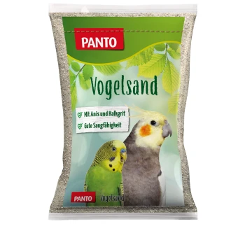PANTO Vogelsand Verpackung zeigt einen grünen Wellensittich und einen grauen Nymphensittich, hebt Zutaten wie Anis und Kalziumgrit hervor.