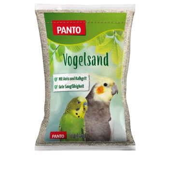 PANTO Vogelsand Verpackung zeigt einen grünen Wellensittich und einen grauen Nymphensittich, hebt Zutaten wie Anis und Kalziumgrit hervor.