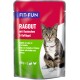 Cat food pouch featuring a tabby cat, labeled "FIT+FUN RAGOUT mit Kaninchen & Geflügel" with translations in French and Italian.
