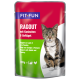 Katze Futterbeutel mit einer getigerten Katze, beschriftet 'FIT+FUN RAGOUT mit Kaninchen & Geflügel' mit Übersetzungen in Französisch und Italienisch.