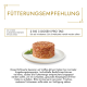 Eine zylindrische Portion Katzenfutter auf einem Teller, garniert mit Basilikum. Text empfiehlt 2-3 Dosen täglich für eine 4kg Katze, mit Fütterungstipps.