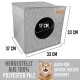 Graues Filz-Katzenhaus mit einem runden Eingang von 17 cm, Abmessungen 33 cm x 33 cm x 37 cm, geeignet für große Katzen.