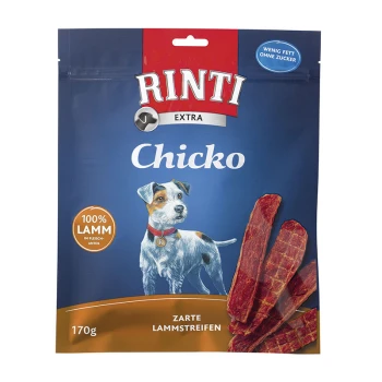 Opakowanie przysmaków dla psów Rinti Chicko z ilustracją małego psa, oznaczone "100% Lamm" i "Zarte Lammstreifen", 170g.