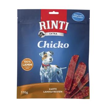 Rinti Chicko Hundesnacks-Packung mit einer kleinen Hundillustration, beschriftet mit "100 % Lamm" und "Zarte Lammstreifen", 170g.